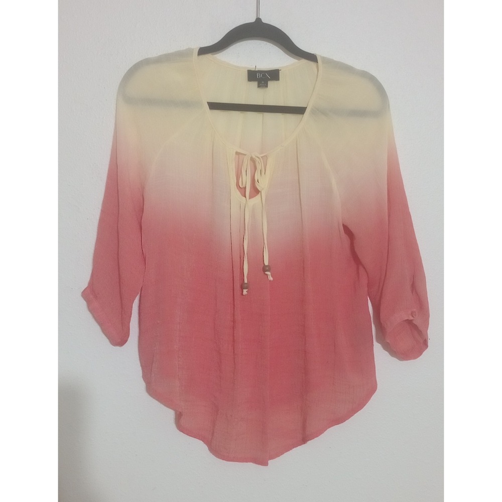 BCX Women Pink Cream Ombre Split Neck Tie Blouse 3/4 Roll Tab Sleeve Top Medium